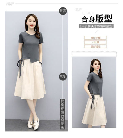 Set: Short-Sleeve Round Neck Plain T-Shirt + Elastic Waist Plain Midi A-Line Skirt