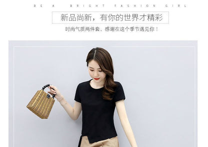 Set: Short-Sleeve Round Neck Plain T-Shirt + Elastic Waist Plain Midi A-Line Skirt