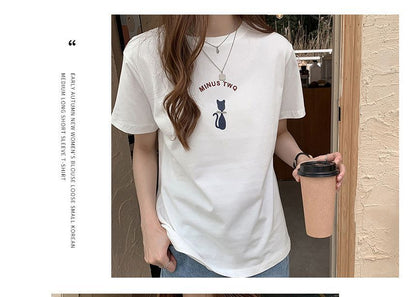 Short-Sleeve Crew Neck Cat Print T-Shirt
