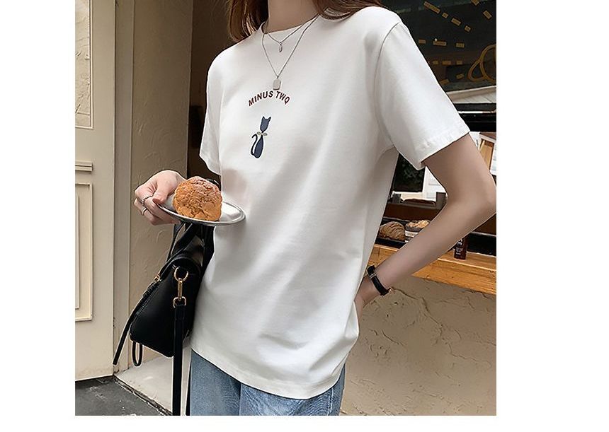 Short-Sleeve Crew Neck Cat Print T-Shirt