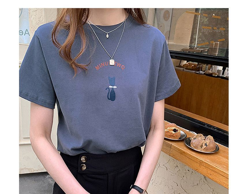 Short-Sleeve Crew Neck Cat Print T-Shirt