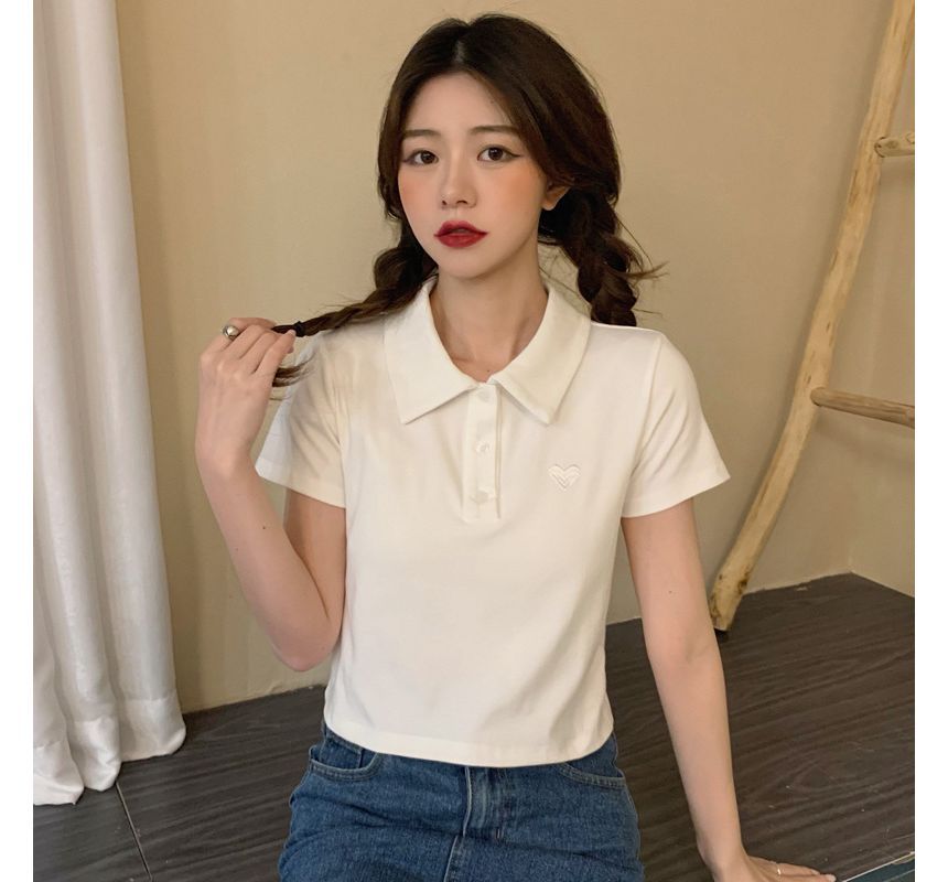 Short-Sleeve Heart Embroidered Polo Shirt