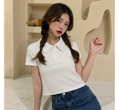 Short-Sleeve Heart Embroidered Polo Shirt