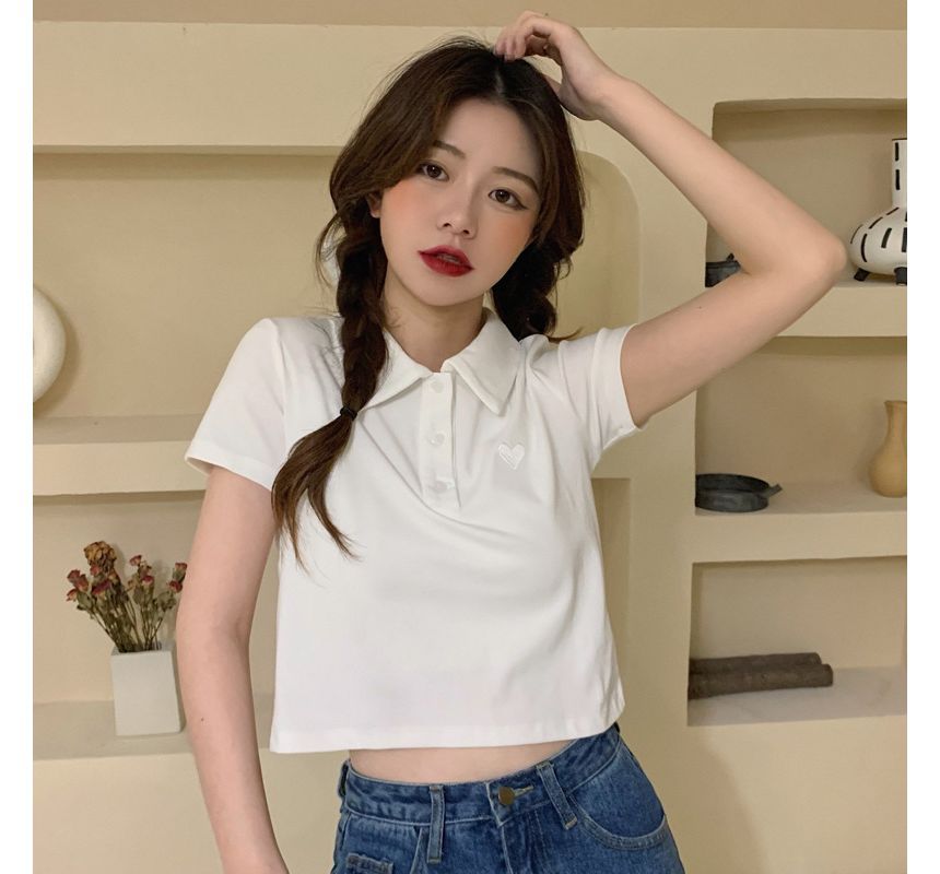 Short-Sleeve Heart Embroidered Polo Shirt