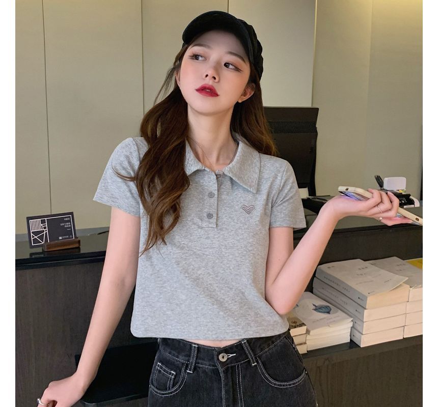 Short-Sleeve Heart Embroidered Polo Shirt