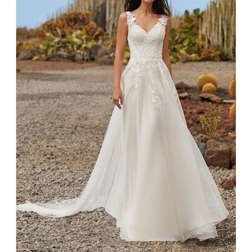 Sleeveless V-Neck Lace A-Line Wedding Gown