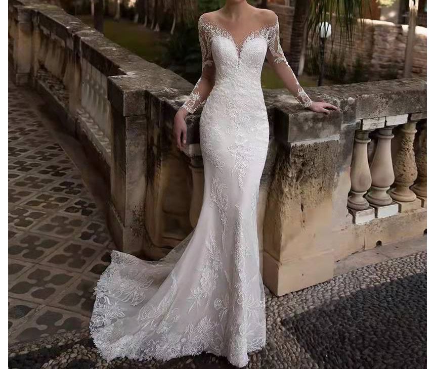 Long-Sleeve Lace Mermaid Wedding Gown