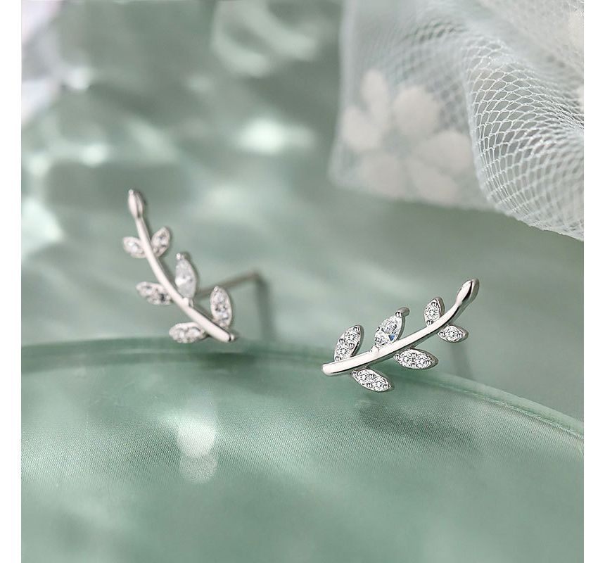 Leaf Rhinestone Sterling Silver Crawler Earring