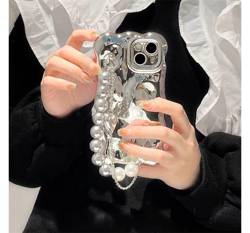 Faux Pearl Strap Metallic Phone Case