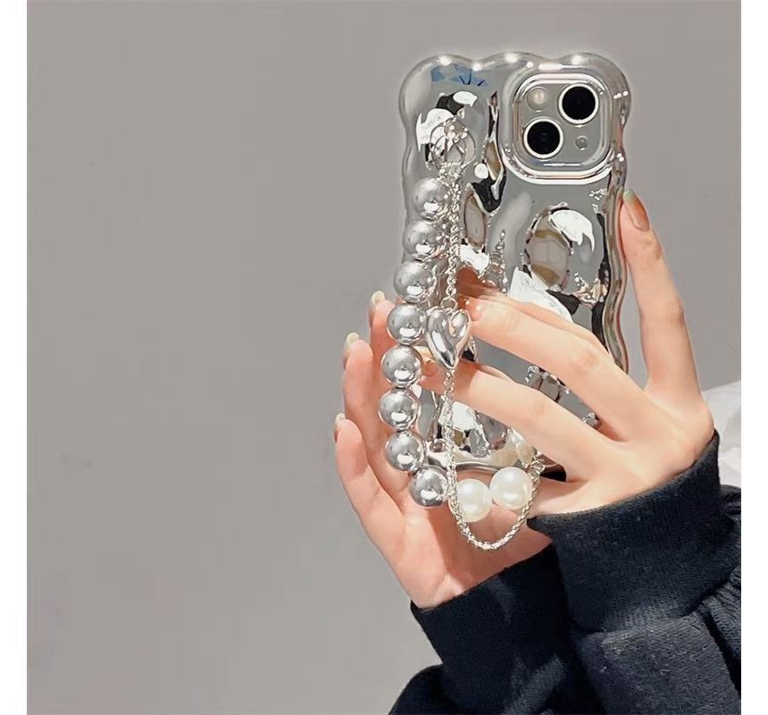 Faux Pearl Strap Metallic Phone Case