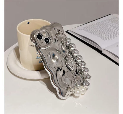 Faux Pearl Strap Metallic Phone Case