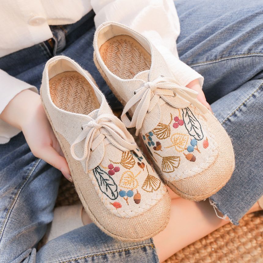 Leaf Embroidered Lace-Up Slip-Ons