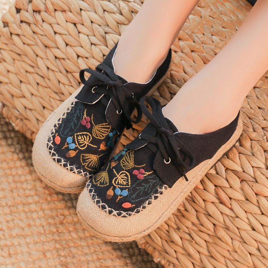Leaf Embroidered Lace-Up Slip-Ons