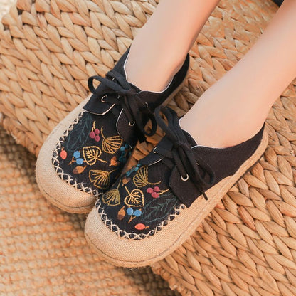 Leaf Embroidered Lace-Up Slip-Ons