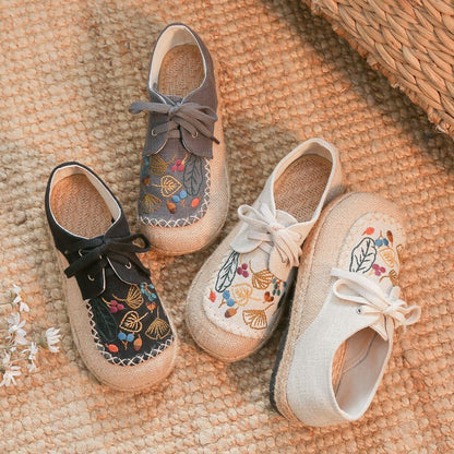Leaf Embroidered Lace-Up Slip-Ons