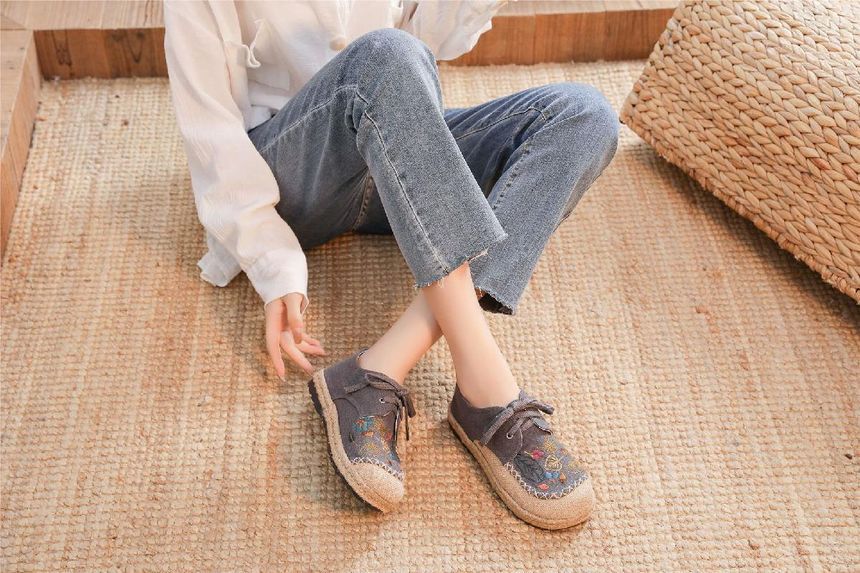 Leaf Embroidered Lace-Up Slip-Ons