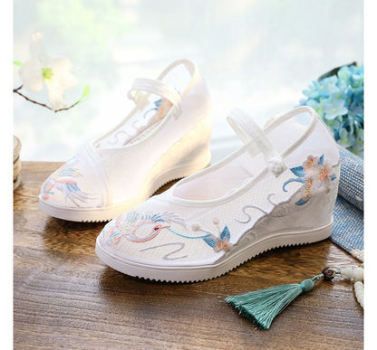 Pointed Embroidered Wedge Mary Jane Shoes