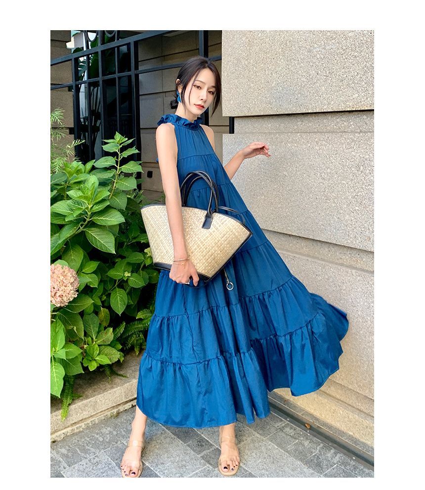 Frill Trim Sleeveless A-Line Maxi Dress