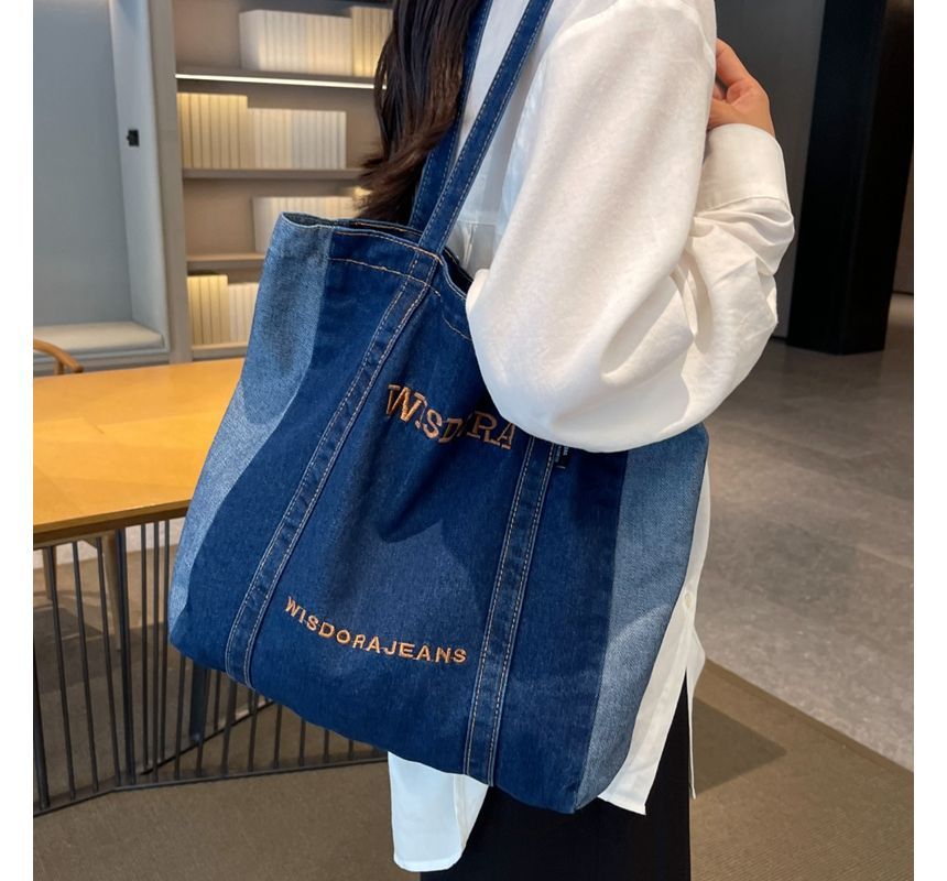 Washed Letter Embroidered Denim Tote Bag