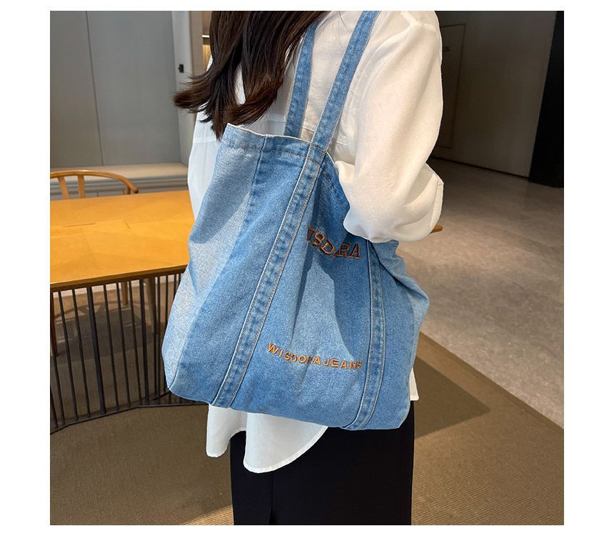 Washed Letter Embroidered Denim Tote Bag