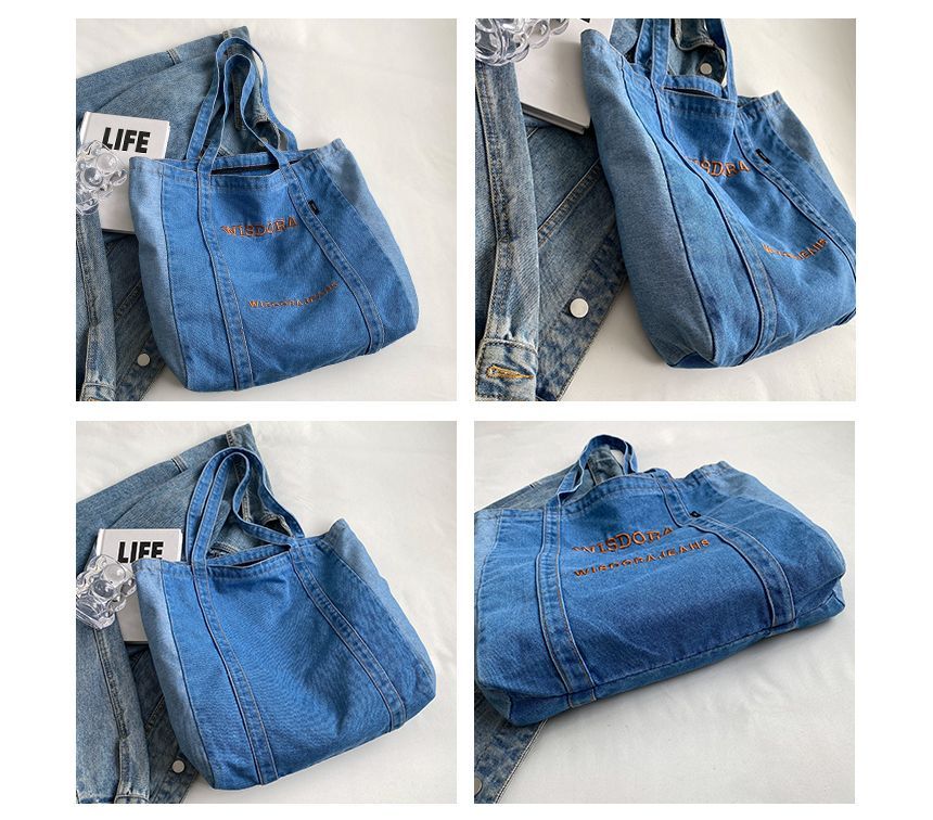 Washed Letter Embroidered Denim Tote Bag