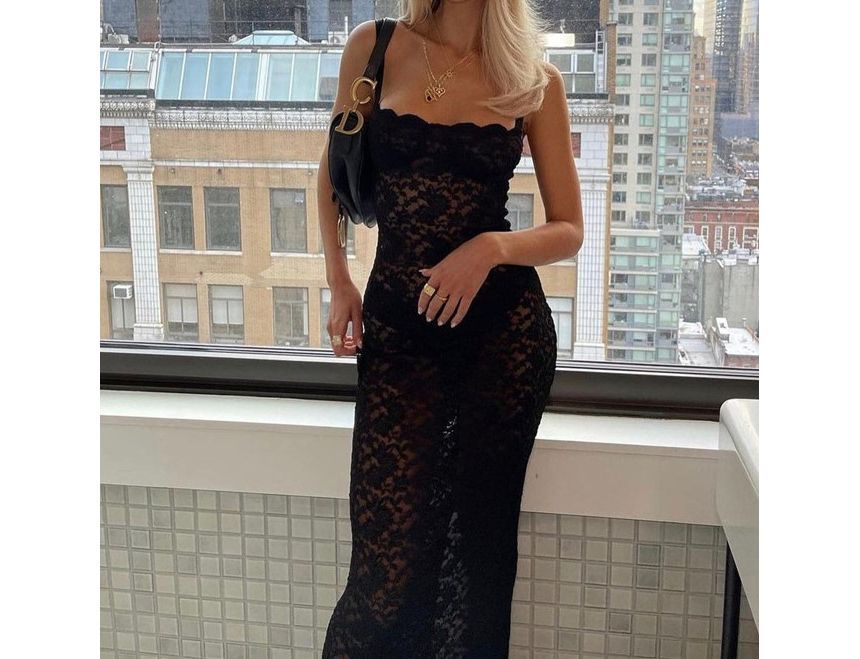 Lace Square Neck Sheath Maxi with Thin Straps