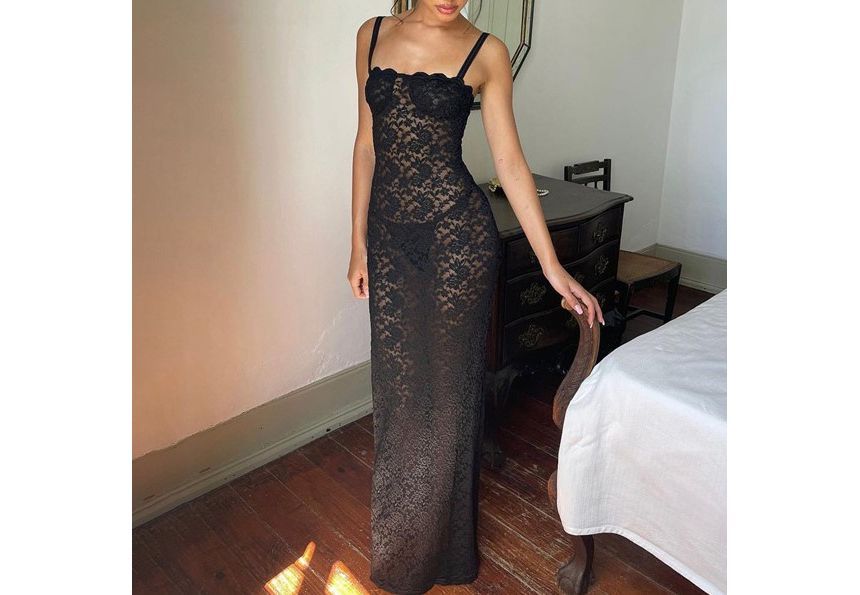 Lace Square Neck Sheath Maxi with Thin Straps