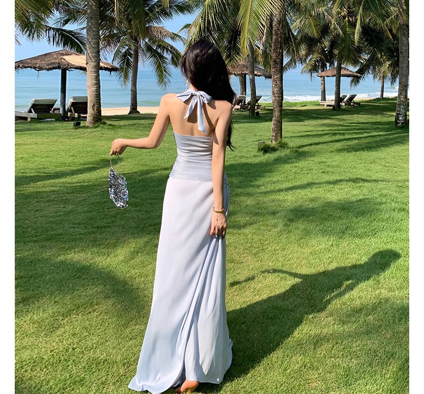 Halter-Neck Plain Knotted Shirred Slit Midi Sundress