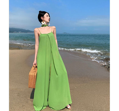 Spaghetti Strap Plain Wide Leg Jumpsuit