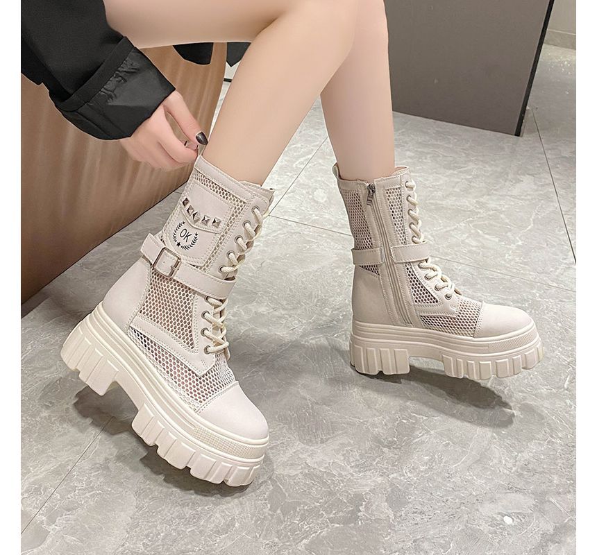 Lace-Up Studded Mesh Panel Platform Short Boots