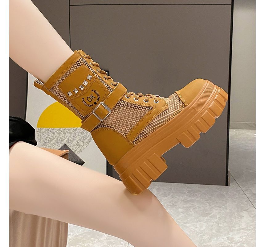 Lace-Up Studded Mesh Panel Platform Short Boots