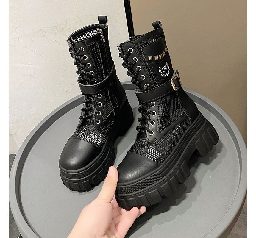 Lace-Up Studded Mesh Panel Platform Short Boots