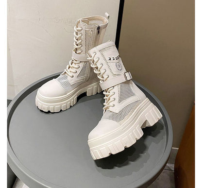 Lace-Up Studded Mesh Panel Platform Short Boots