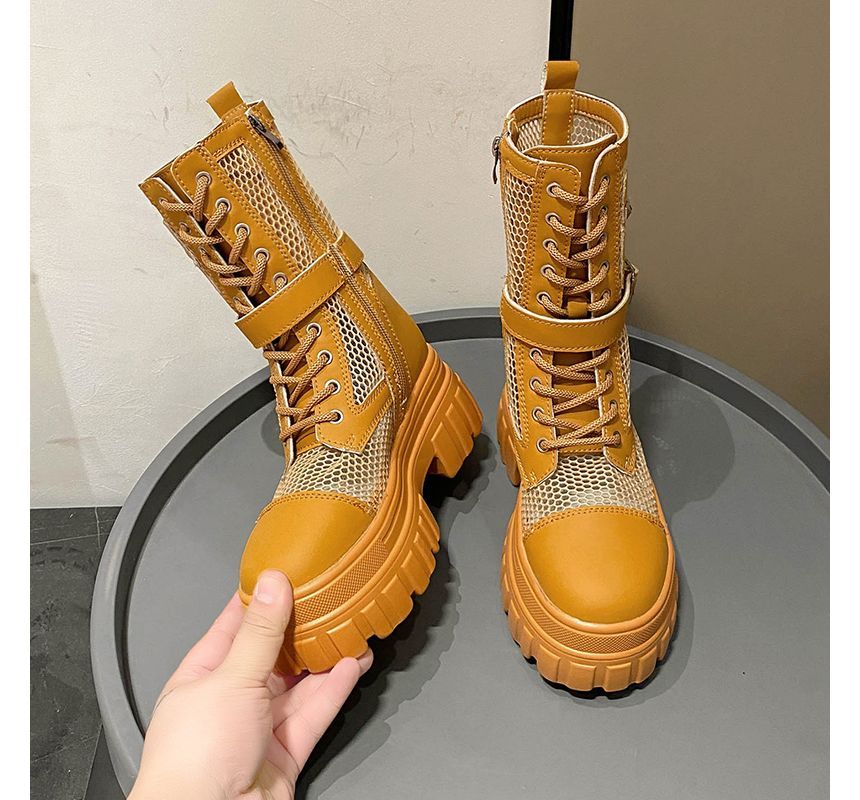 Lace-Up Studded Mesh Panel Platform Short Boots