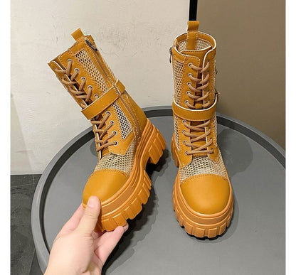 Lace-Up Studded Mesh Panel Platform Short Boots