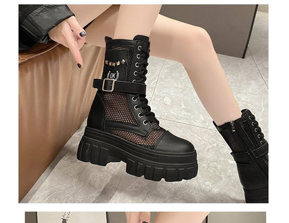 Lace-Up Studded Mesh Panel Platform Short Boots