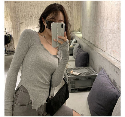 Long-Sleeve Scoop Neck Plain Slit Lettuce Edge T-Shirt