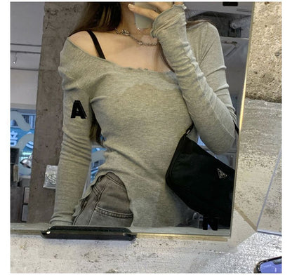 Long-Sleeve Scoop Neck Plain Slit Lettuce Edge T-Shirt