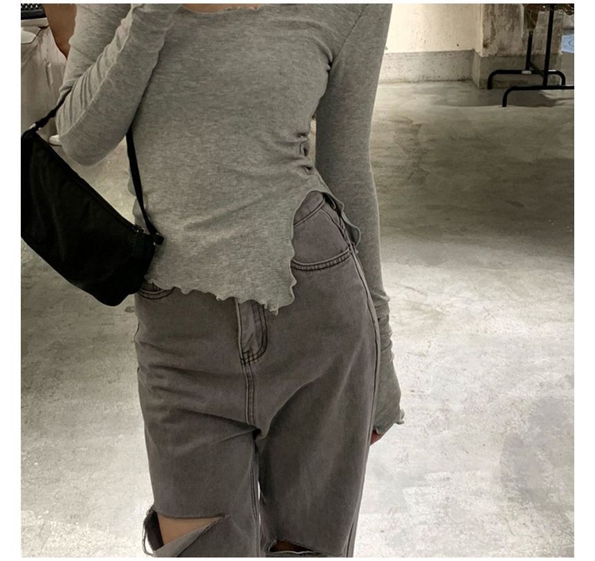 Long-Sleeve Scoop Neck Plain Slit Lettuce Edge T-Shirt