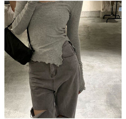 Long-Sleeve Scoop Neck Plain Slit Lettuce Edge T-Shirt