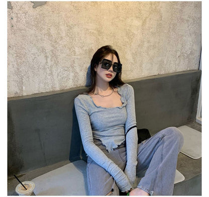 Long-Sleeve Scoop Neck Plain Slit Lettuce Edge T-Shirt