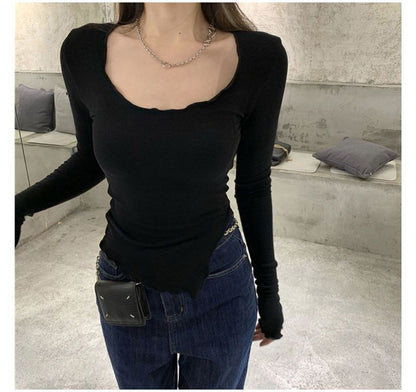 Long-Sleeve Scoop Neck Plain Slit Lettuce Edge T-Shirt