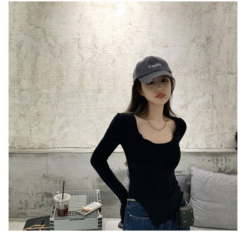 Long-Sleeve Scoop Neck Plain Slit Lettuce Edge T-Shirt