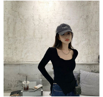 Long-Sleeve Scoop Neck Plain Slit Lettuce Edge T-Shirt