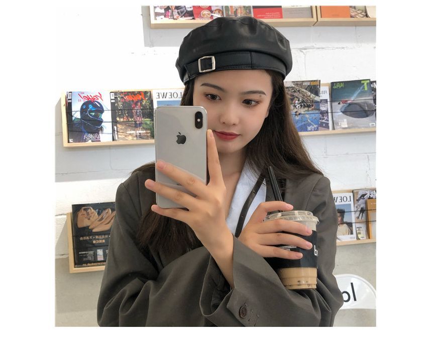 Buckled Faux Leather Beret