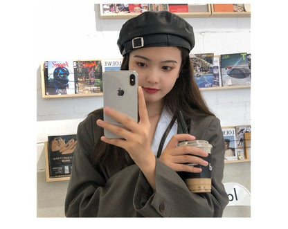 Buckled Faux Leather Beret