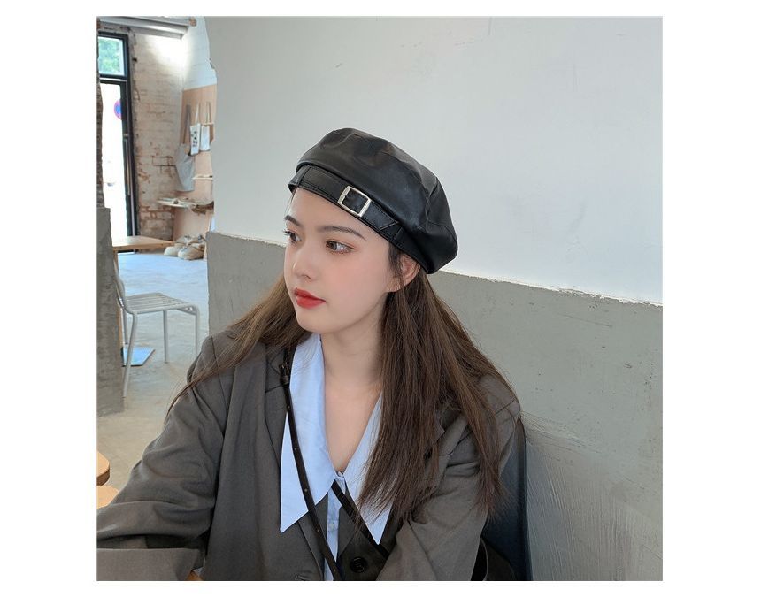 Buckled Faux Leather Beret