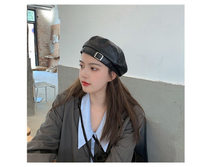 Buckled Faux Leather Beret