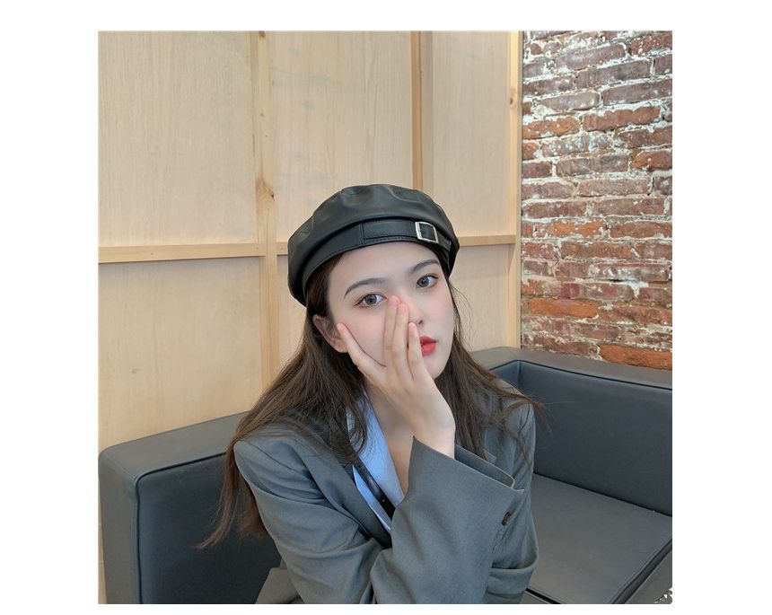 Buckled Faux Leather Beret