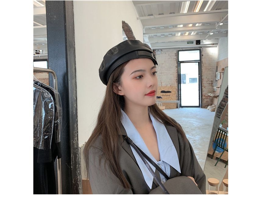 Buckled Faux Leather Beret